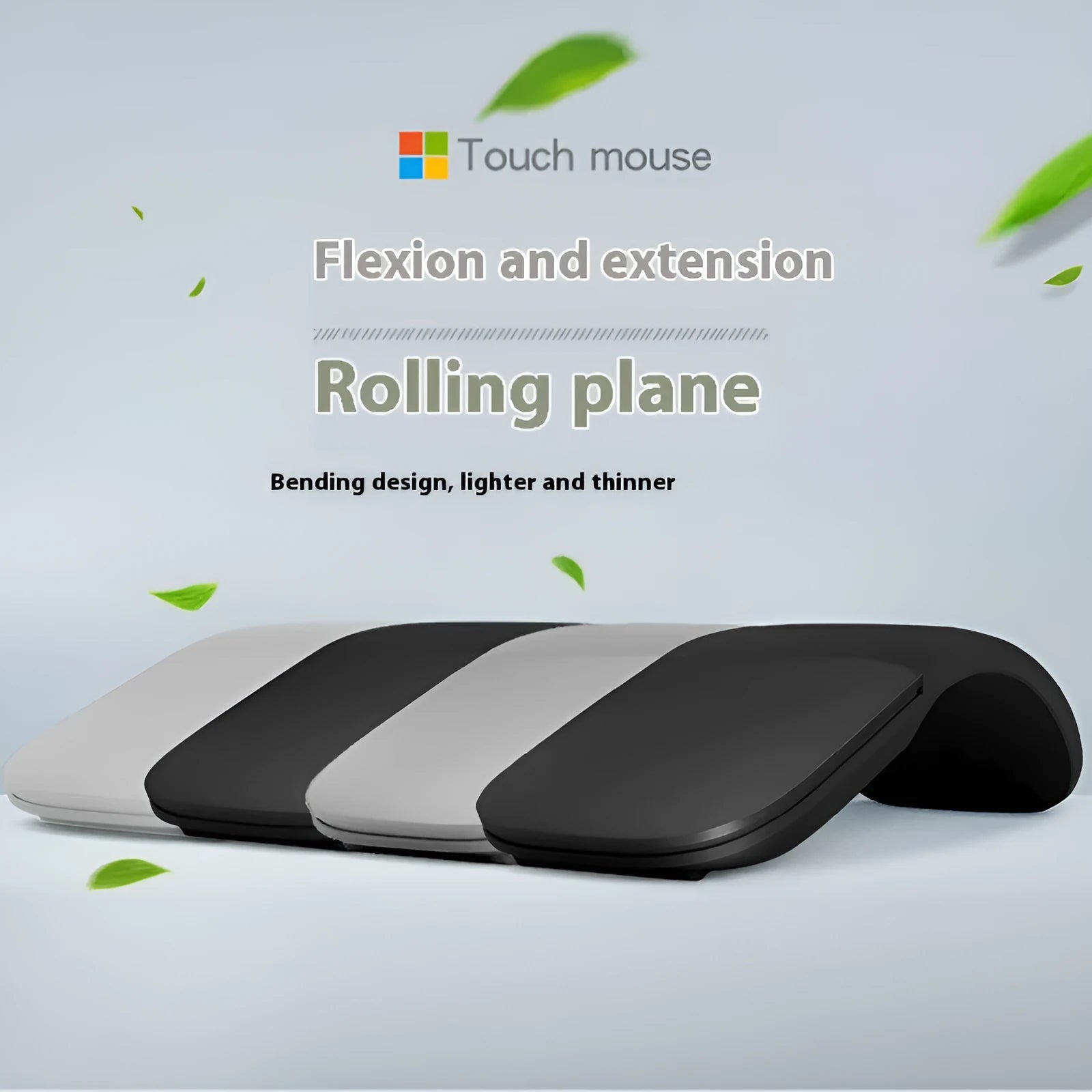 Black foldable Bluetooth touch wireless mouse shown open and closed next to a laptop
