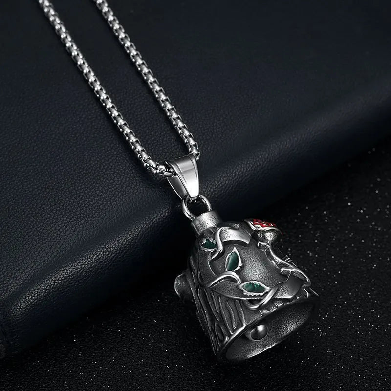 Titanium steel vintage polished motorcycle lucky bell with double-sided epoxy rose design in retro steel colour