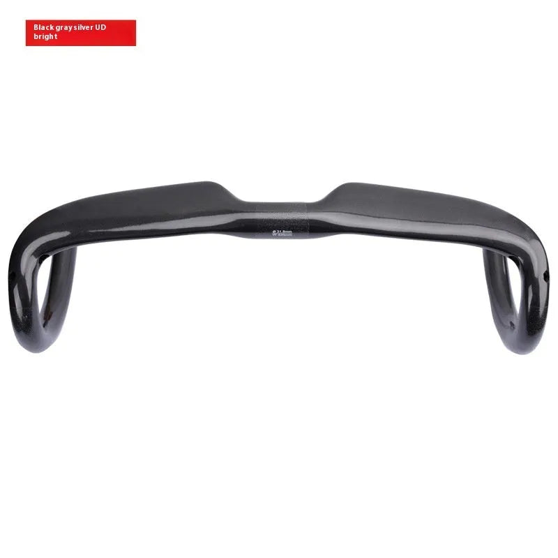 Carbon fibre road bicycle drop handlebar in black grey silver, shown in 400mm, 420mm, and 440mm width options.