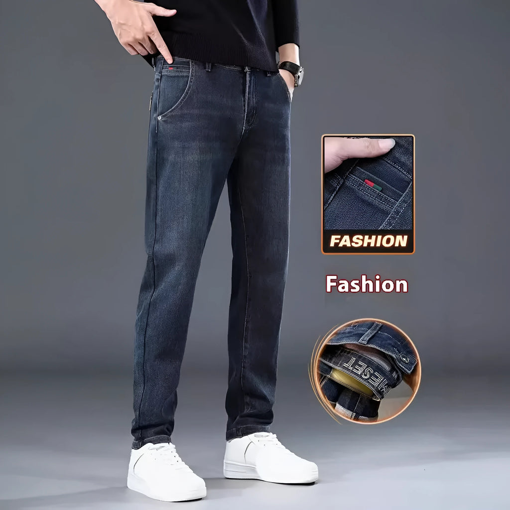 Slim straight casual trousers in blue-grey colour with mid-waist and standard length