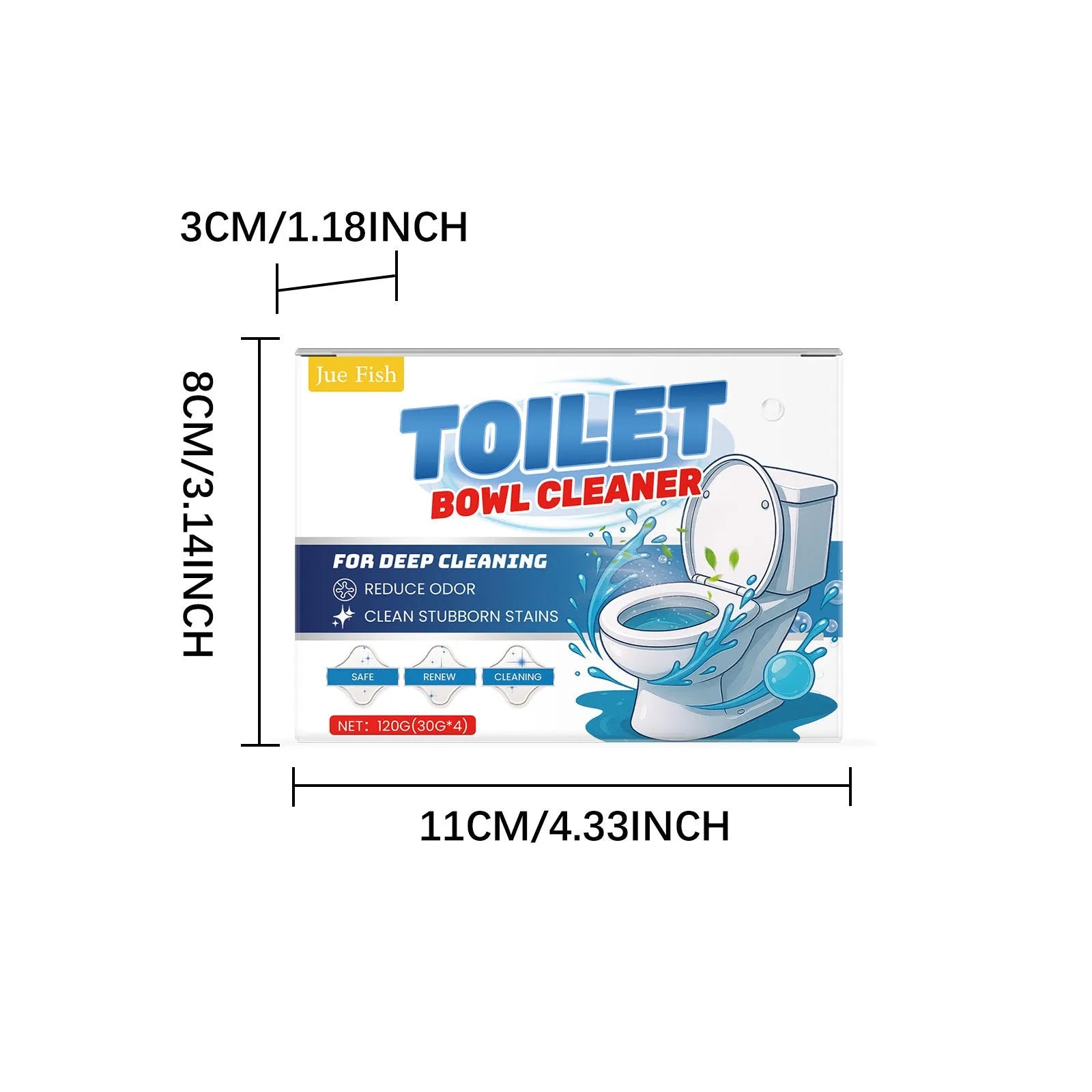 Pack of four 30g sachets of toilet bowl cleaning powder for removing limescale and stains.