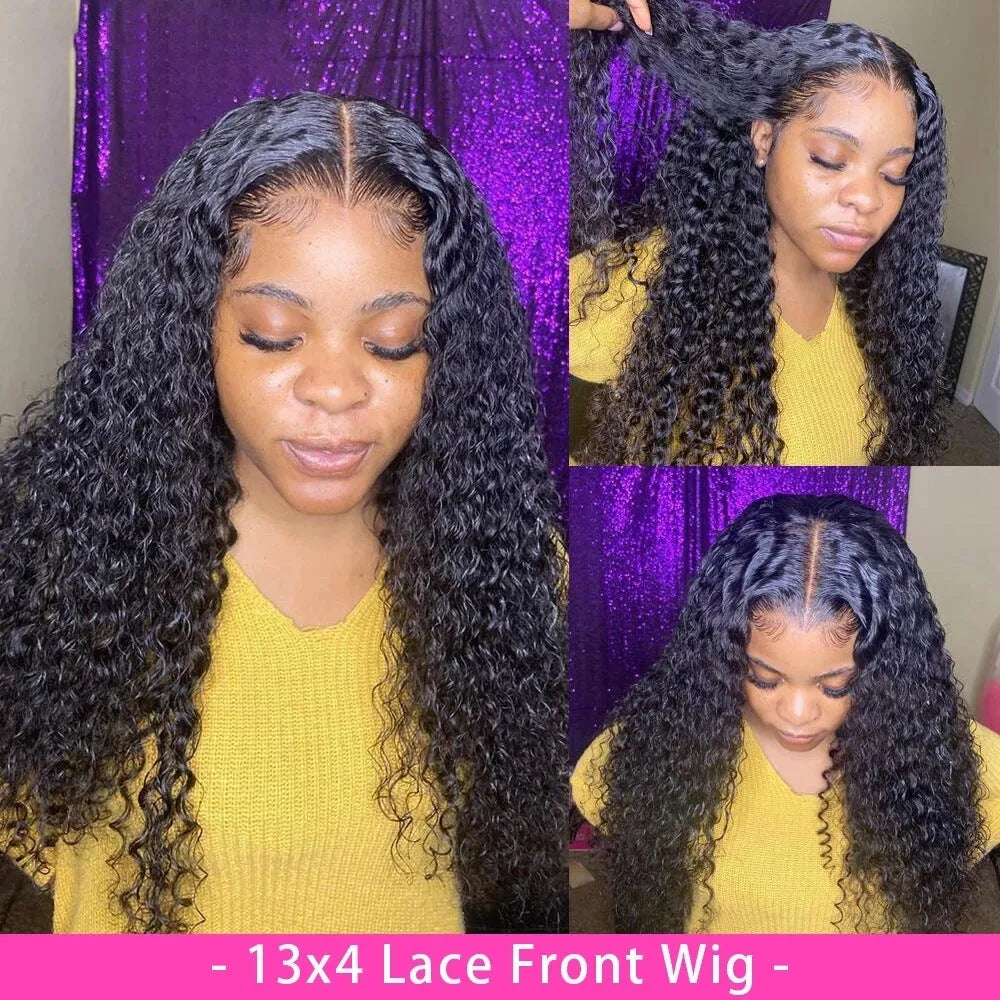 A curly real human hair lace front wig on a stand, showing natural hairline and length options.