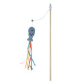 Wooden handle cat wand toy with catnip fish, colourful ribbons, and a bell for interactive play.