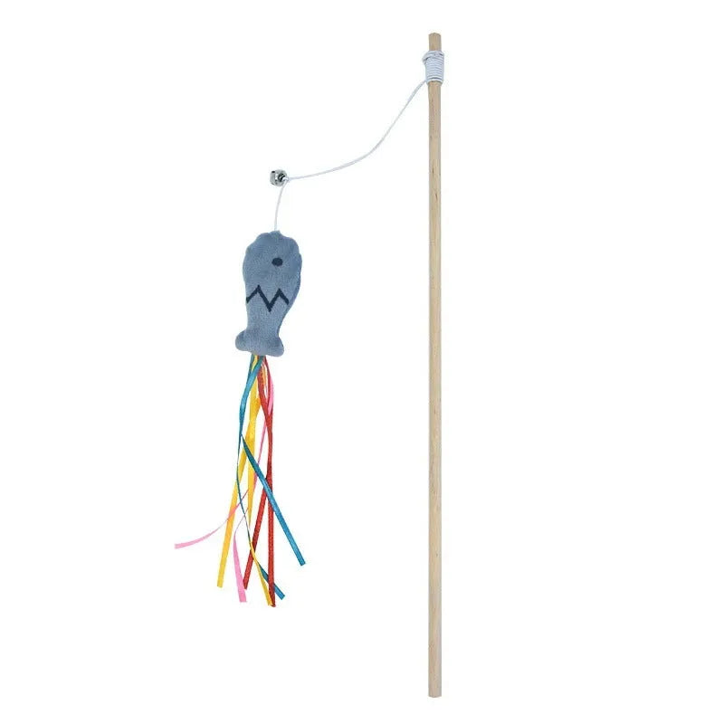 Wooden handle cat wand toy with catnip fish, colourful ribbons, and a bell for interactive play.