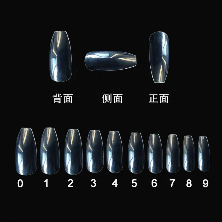 500 clear and natural coloured ABS plastic false nails in ten different sizes arranged on a white surface