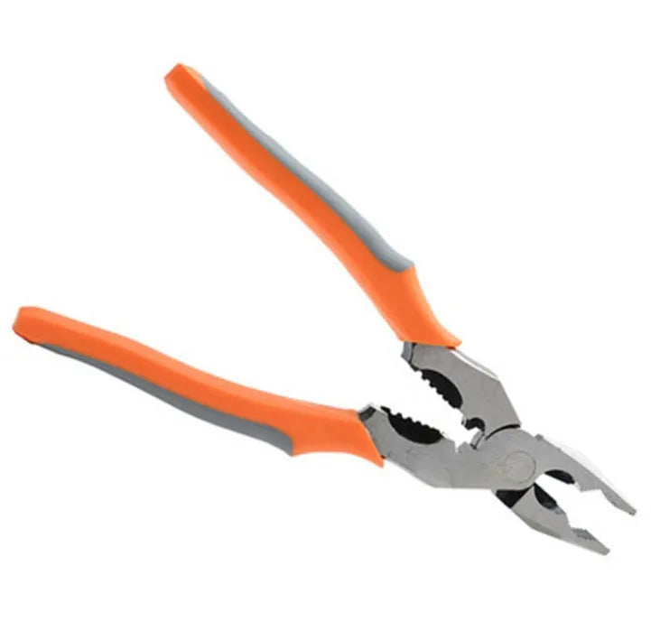 Orange multi-function wire cutter pliers with chrome steel jaws and textured PVC handles.