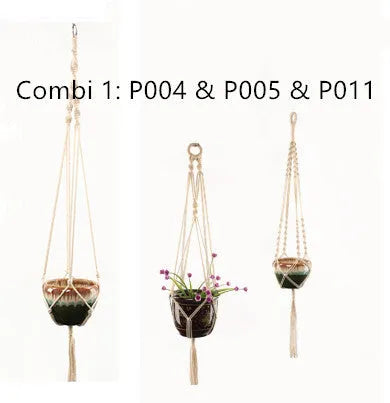 Cotton rope woven wire basket planter shown in desktop, wall hanging, and hanging configurations