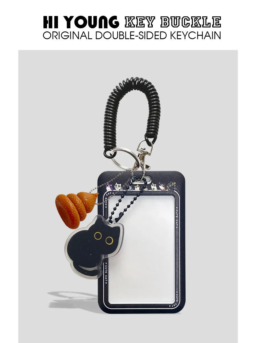 Cartoon little black cat design plastic card holder with ferrule pendant attached.