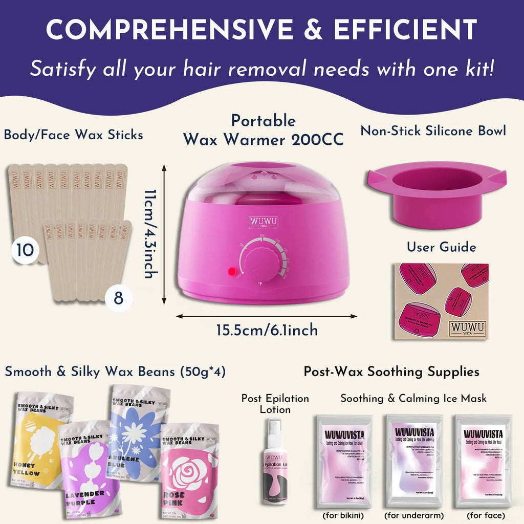 29-piece hard wax hair removal kit with black wax warmer, four coloured wax beads, wax sticks and aftercare products