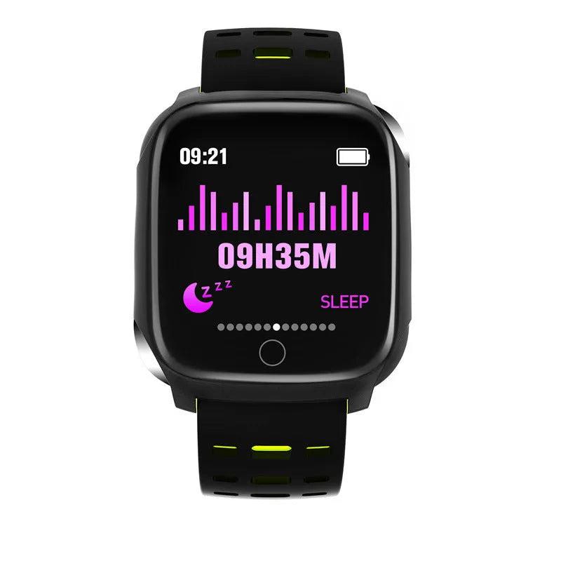 F16 smart watch with ECG monitor showing blood pressure and heart rate display on black silicone wristband