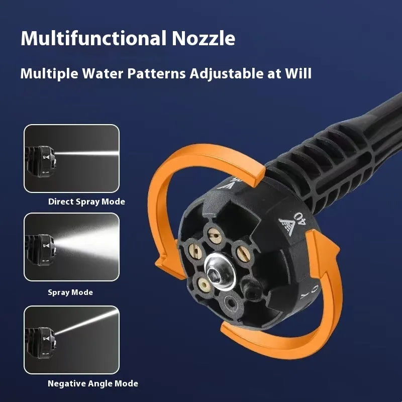 Green wireless high-pressure water gun with multiple nozzle attachments on a yellow toolbox