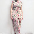 Long sleeve printed chiffon dress with matching top, high-waisted skirt design in picture colour.