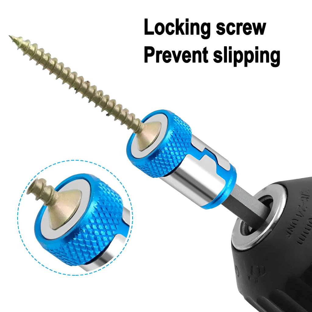 Light blue screwdriver bit with magnetic ring for slotted metric screws