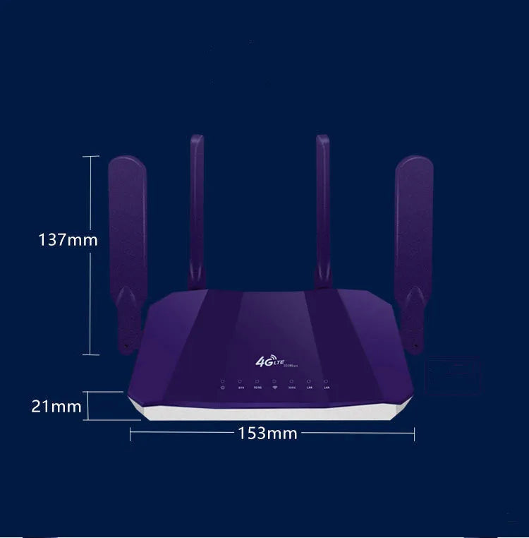 Blue 4G dual mode wireless router with four external antennas on a desk.