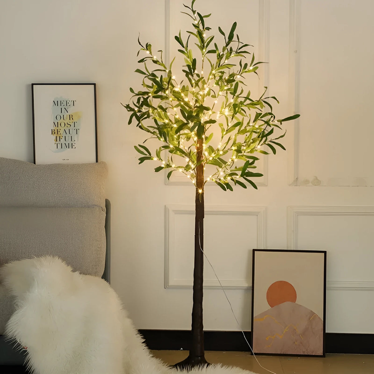 1.8 metre tall artificial olive tree lamp with warm white LED lights in foliage