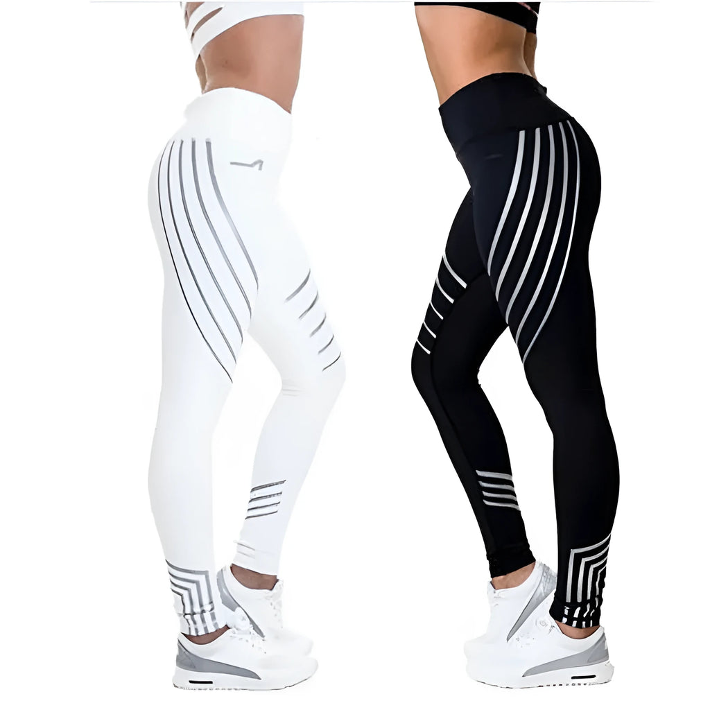 Women's black fitness leggings with reflective print pattern for night workouts