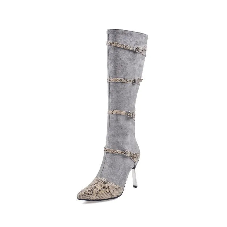 Grey and black women's knee high boots with thin 9cm high heels on a rubber sole.