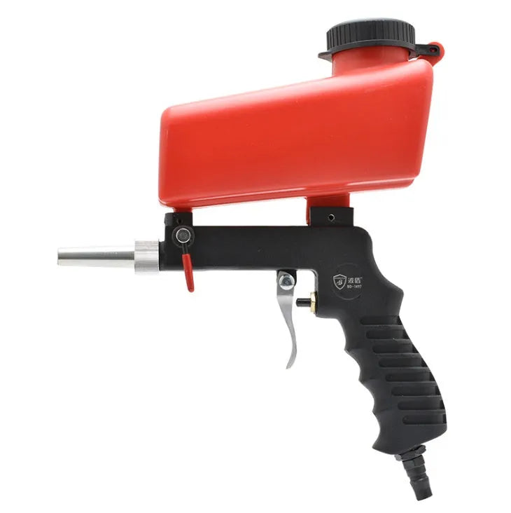 Pneumatic sandblasting gun with a large top-mounted tank, shown in black or blue.
