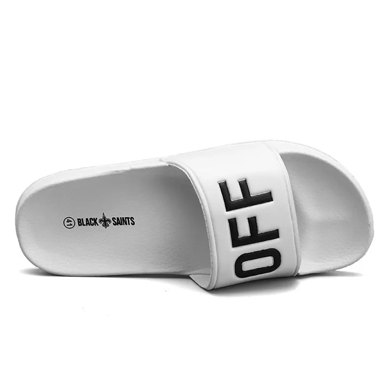 Large size men's personalised slippers with rubber sole and open toe design in black and white