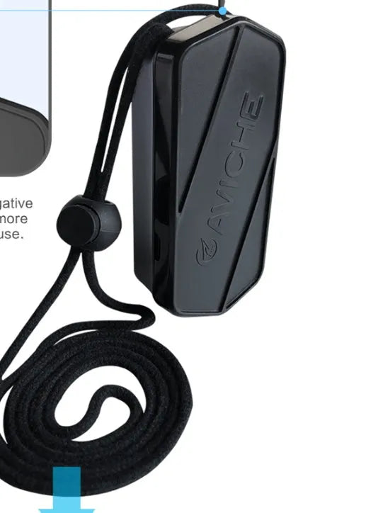 Black portable air purifier necklace measuring 80mm by 37mm by 24mm with USB charging