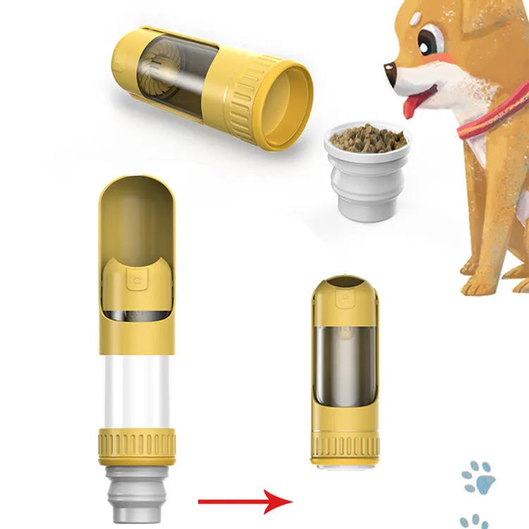 Dark blue portable dog water bottle with integrated drinking bowl showing leak-proof lock mechanism
