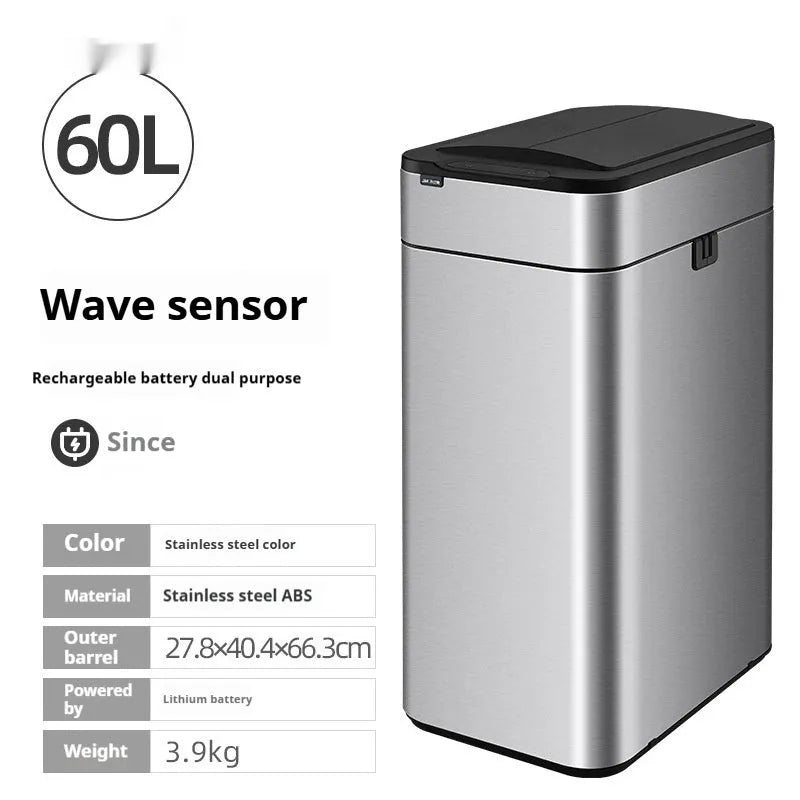 Stainless steel inductive smart trash can with square bucket design and sensor lid.