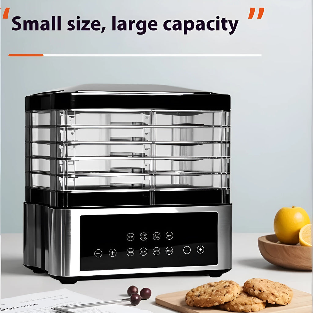 Silver stainless steel fruit dehydrator with 14-litre capacity and digital temperature display