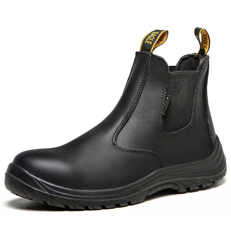 Black high-top cowhide leather safety work boots with anti-piercing sole.