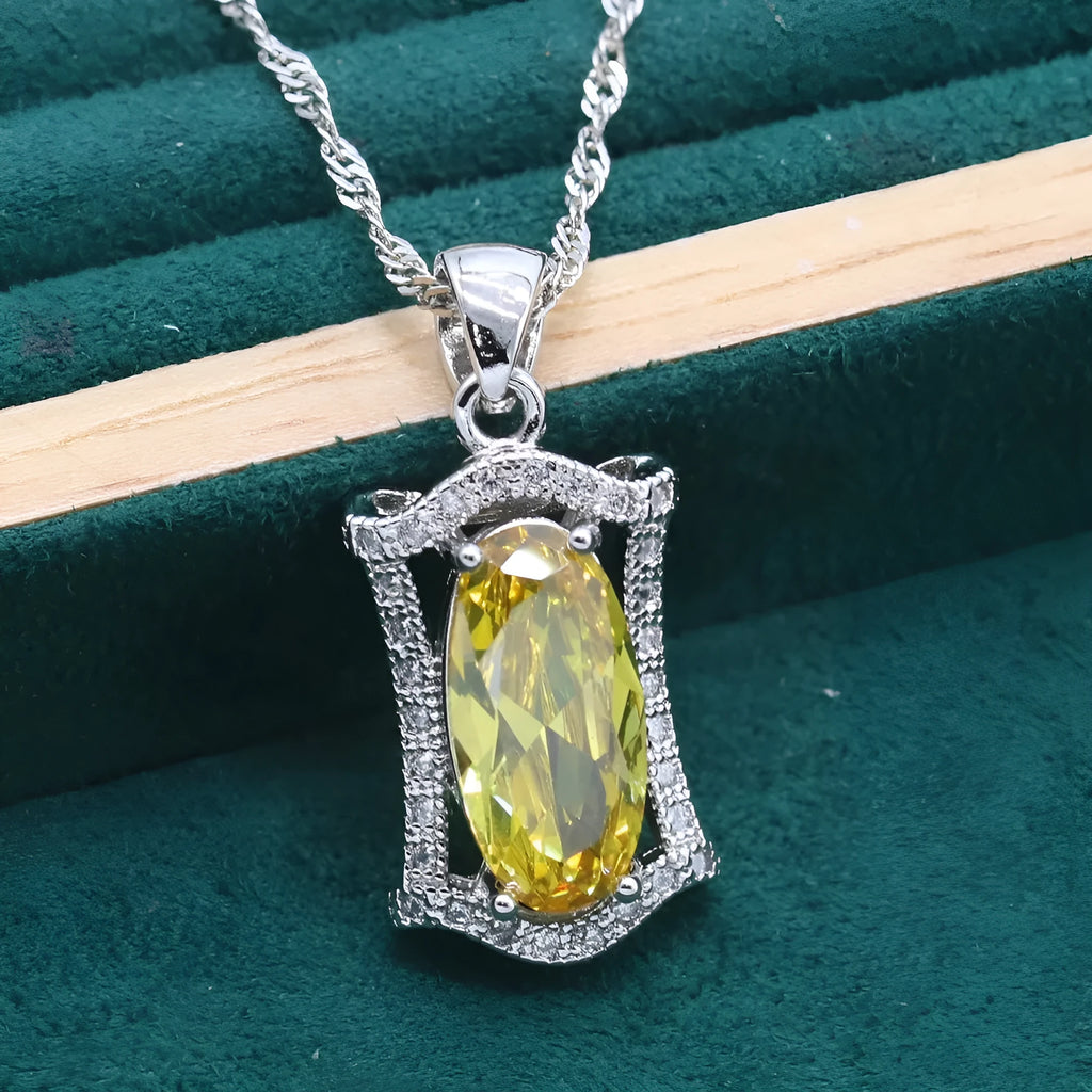 Women's anti-allergy zircon jewellery set with necklace, earrings, ring, and bracelet in yellow or olive colours