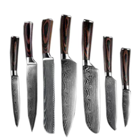 Chef knife with laser Damascus pattern on 7CR17 steel blade and colour steel handle.