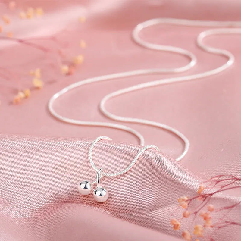 Silver cherry necklace with adjustable snake bone chain and Korean style fruit pendant