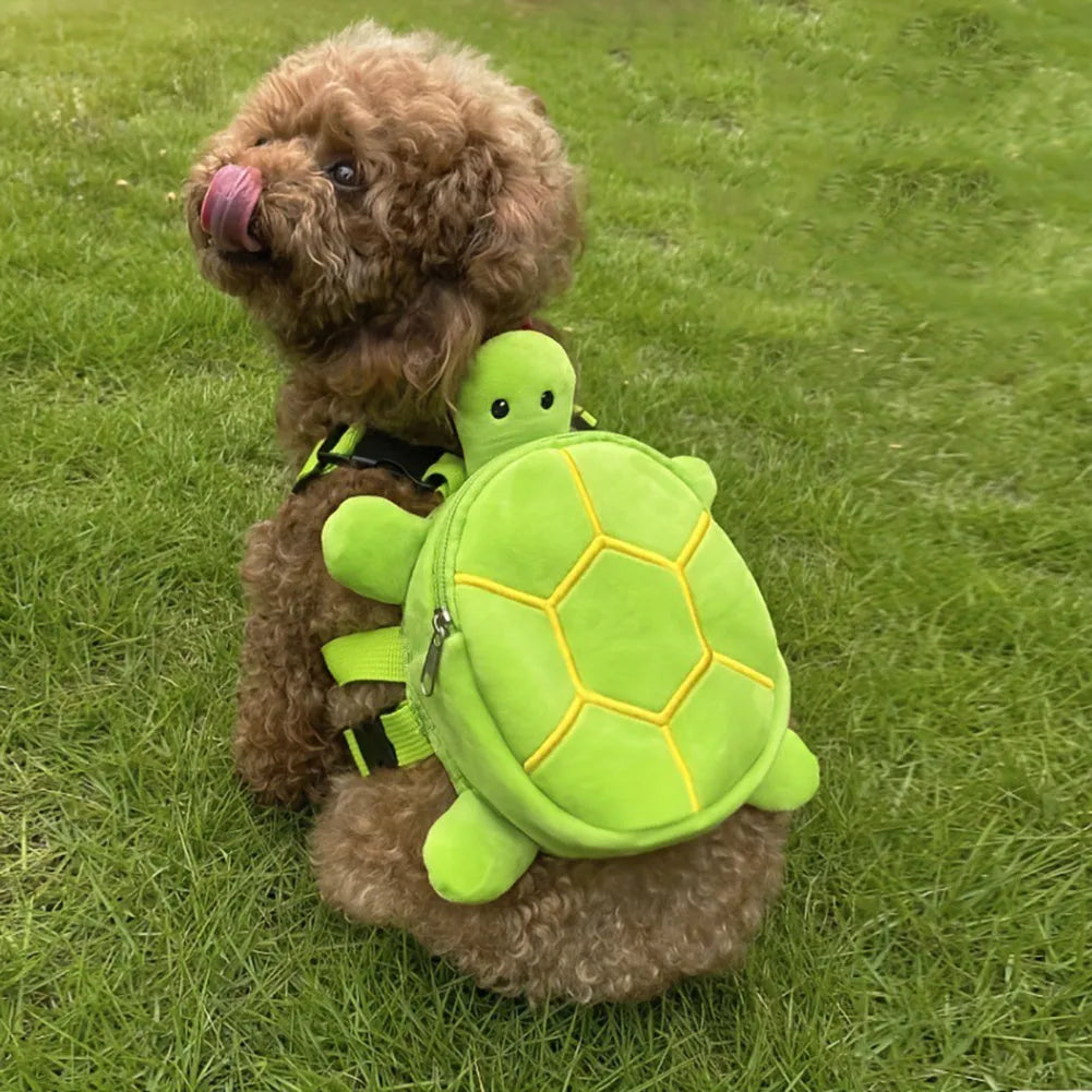 Turtle-shaped velvet dog backpack harness with metal zipper for small pets