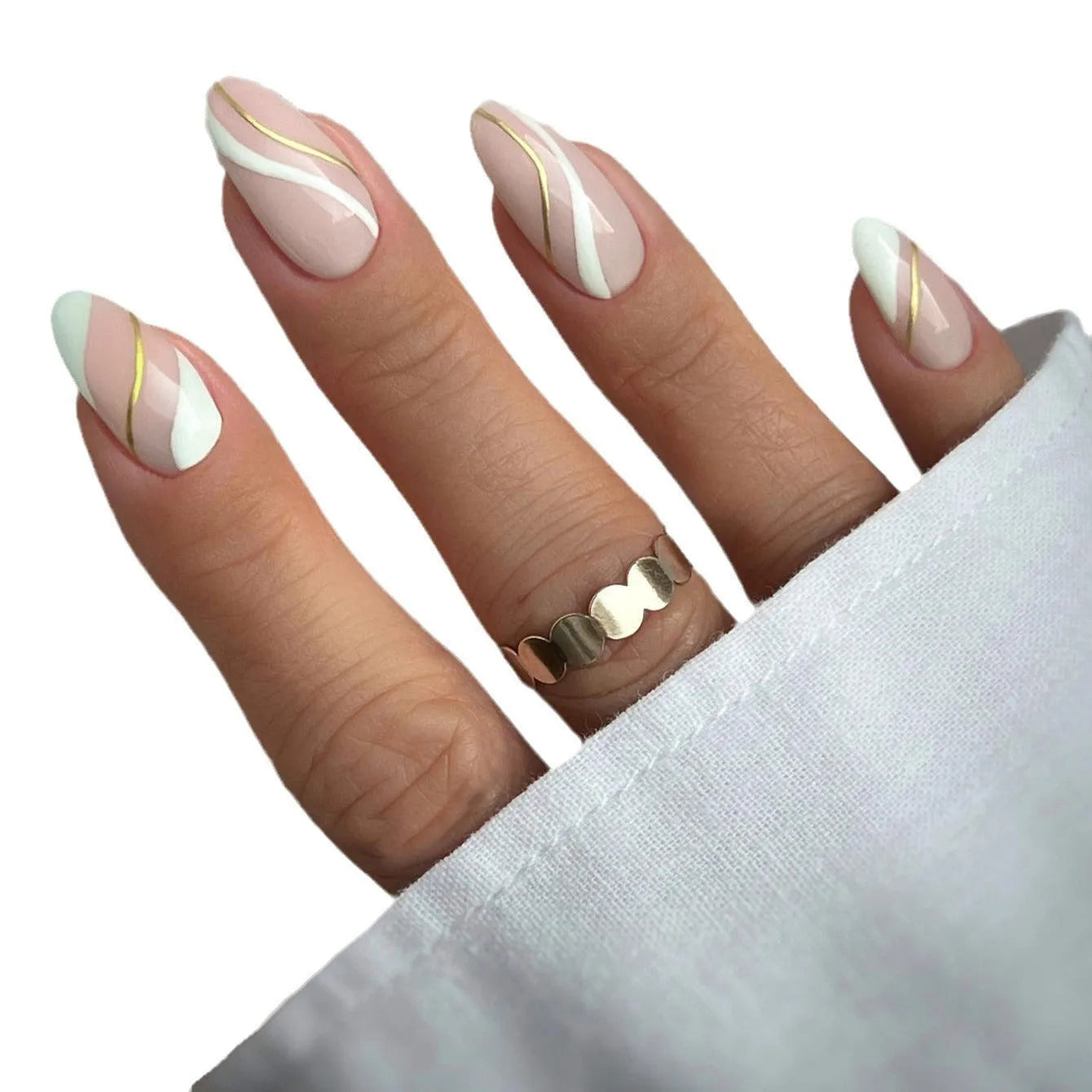 Golden lines plaid pattern wearable nail stickers in JF0518 jelly glue colour with medium drop shape design