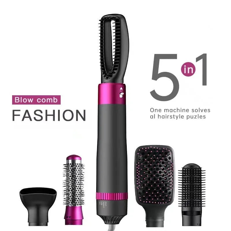 Dyson grey 5-in-1 hair dryer brush styler with five brush attachments on a white background.