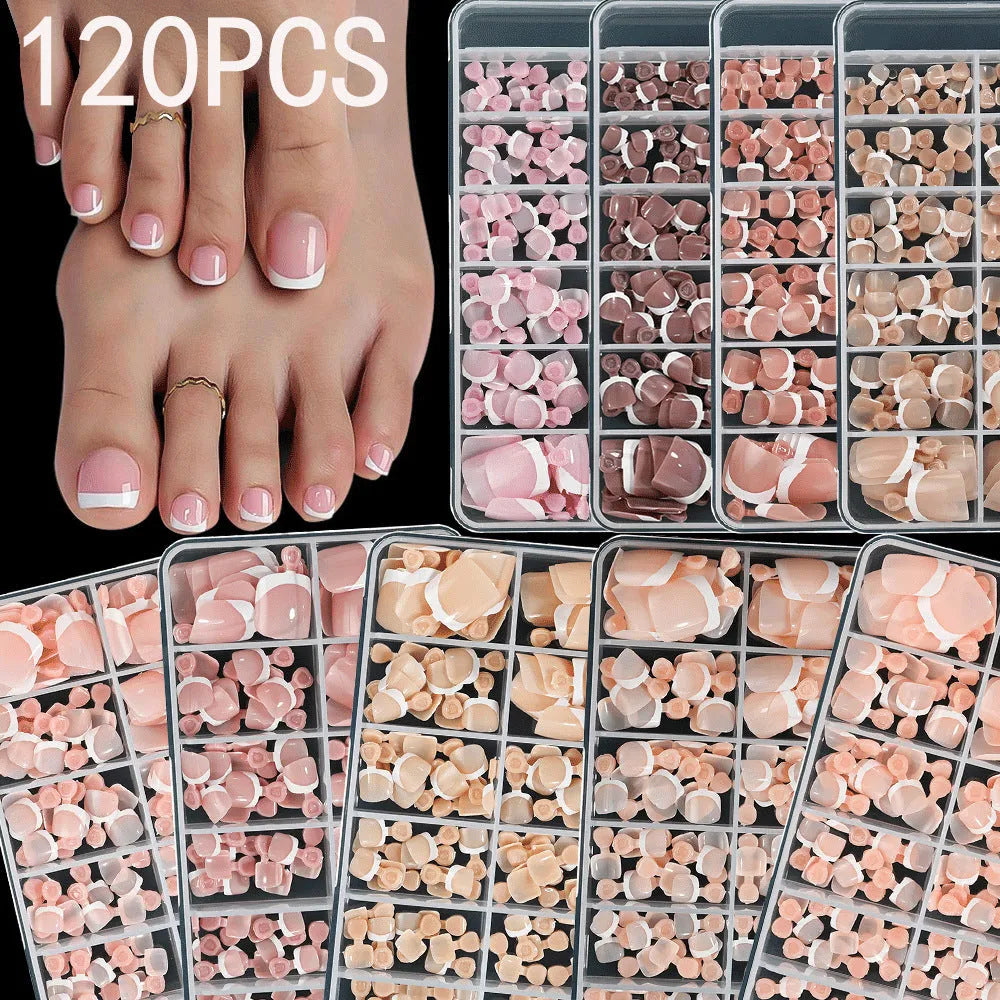 Box of 120 square short false nail pieces with French white edge design in nude colours