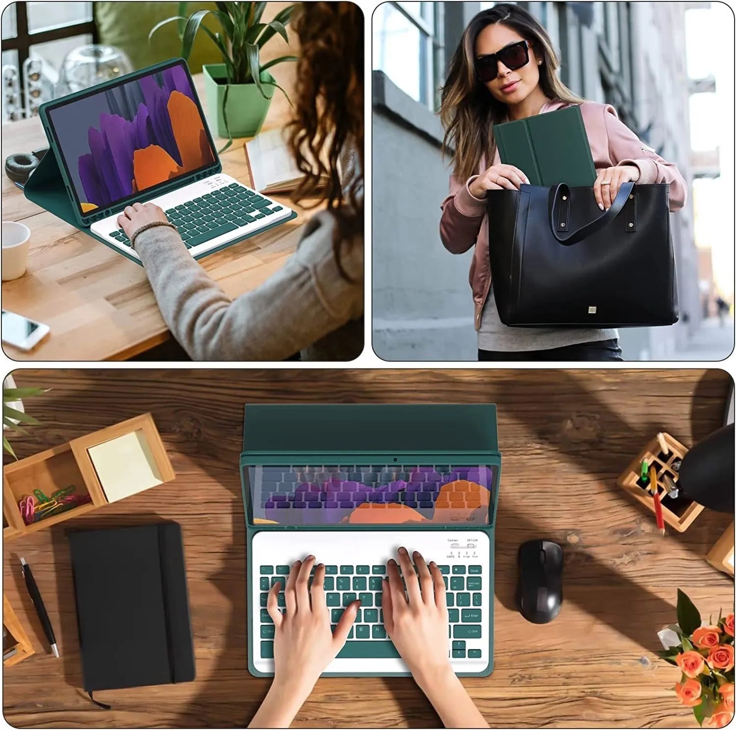 Bluetooth keyboard and charging mouse inside a soft TPU leather-look case for Samsung tablet