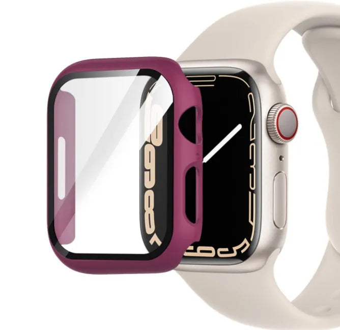 PC tempered film protective case for Apple Watch in multiple colours and sizes on a white background.