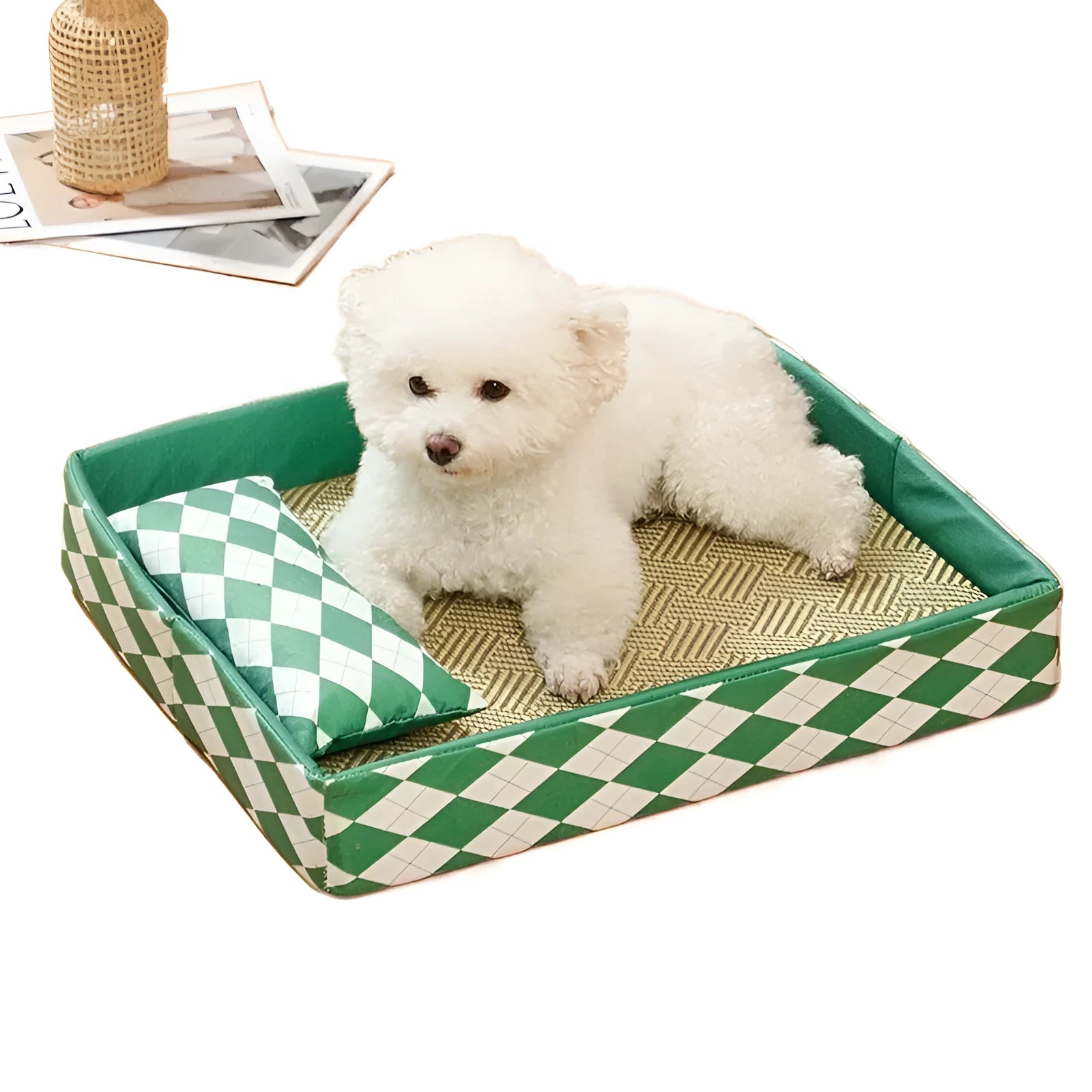 Blue woven rattan cat cooling mat with anti-slip backing placed on a wooden floor.