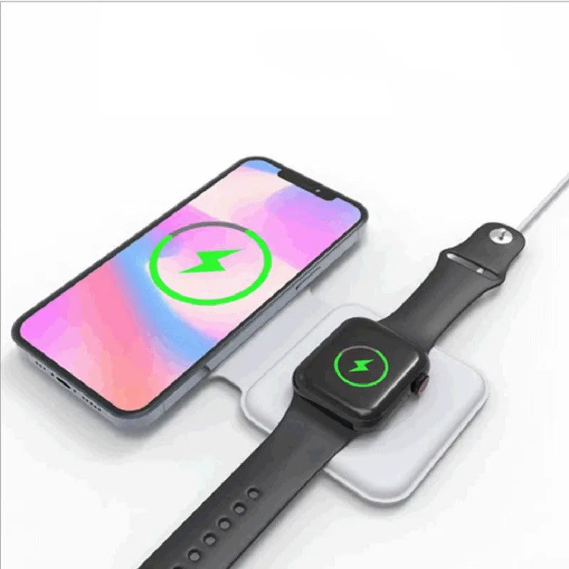 White foldable magnetic wireless charging dock showing dual charging surfaces and adjustable hinge