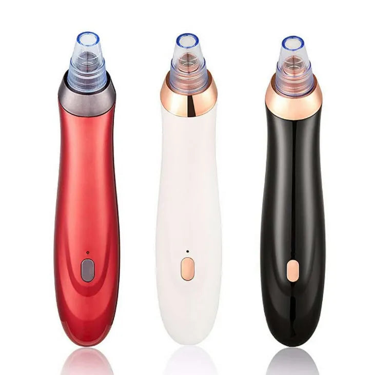 Black electric blackhead remover device with vacuum suction function and different coloured nozzles.