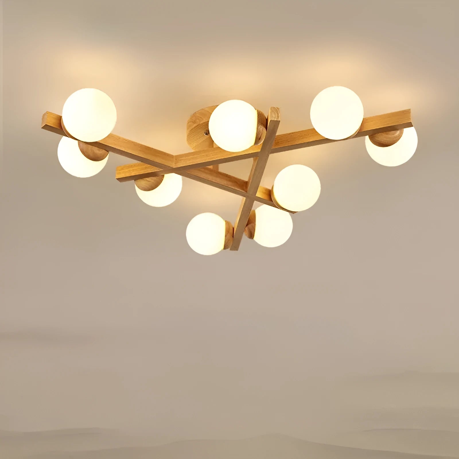 Wooden style living room ceiling light with three adjustable heads in Nordic modern design