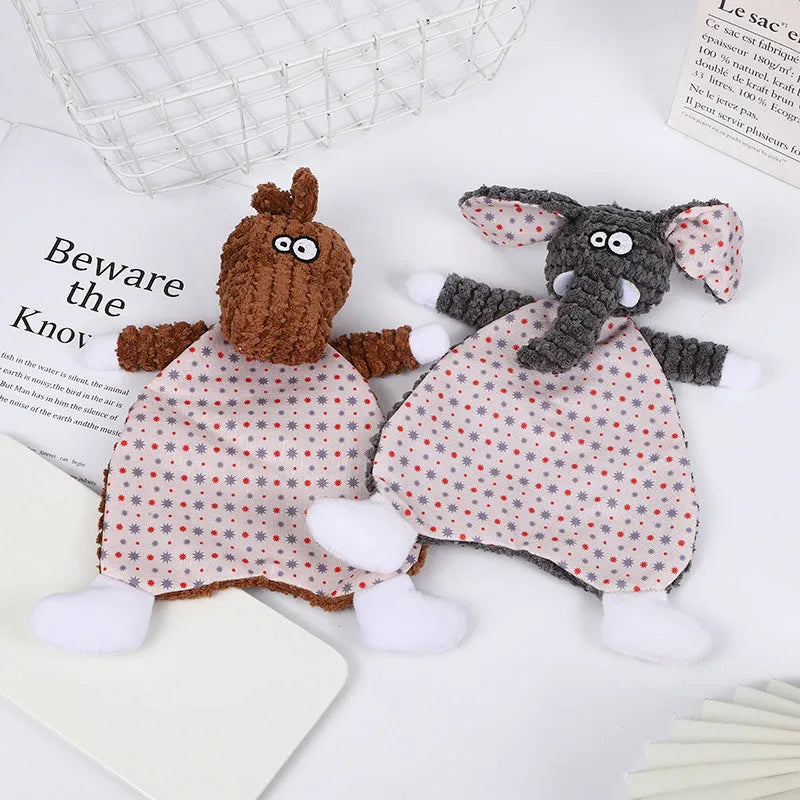 Brown velvet plush fox-shaped pet toy on a white background