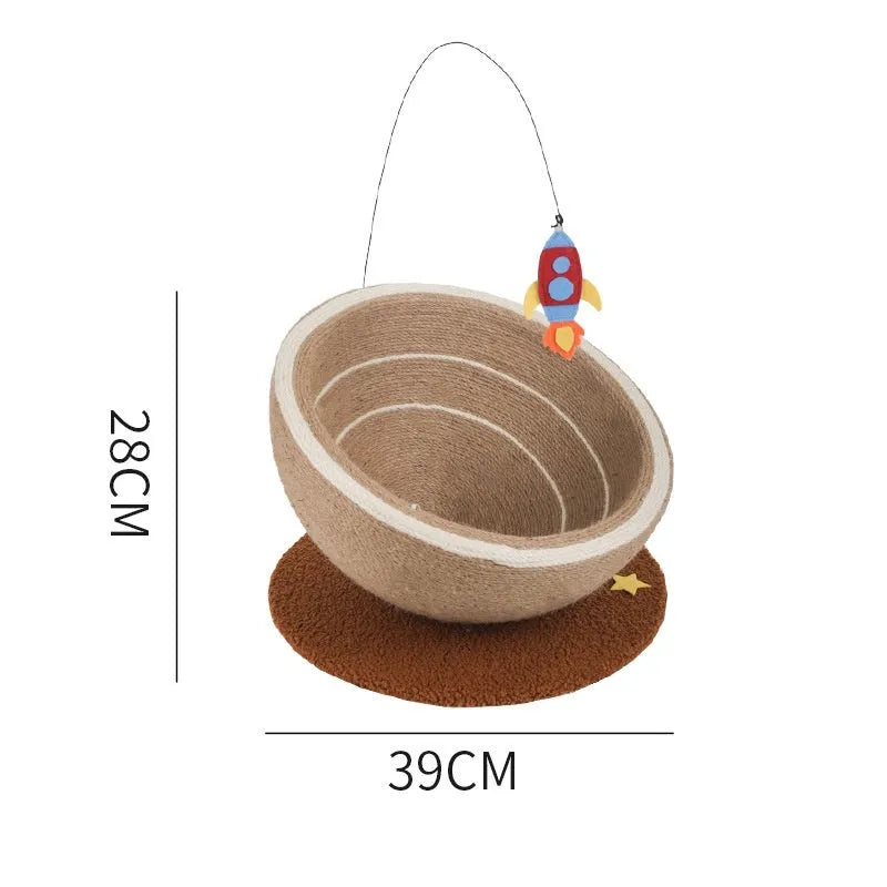 Large integrated cat scratching basin with sisal rope scratching surface and flannel-lined sleeping nest in starlight pattern