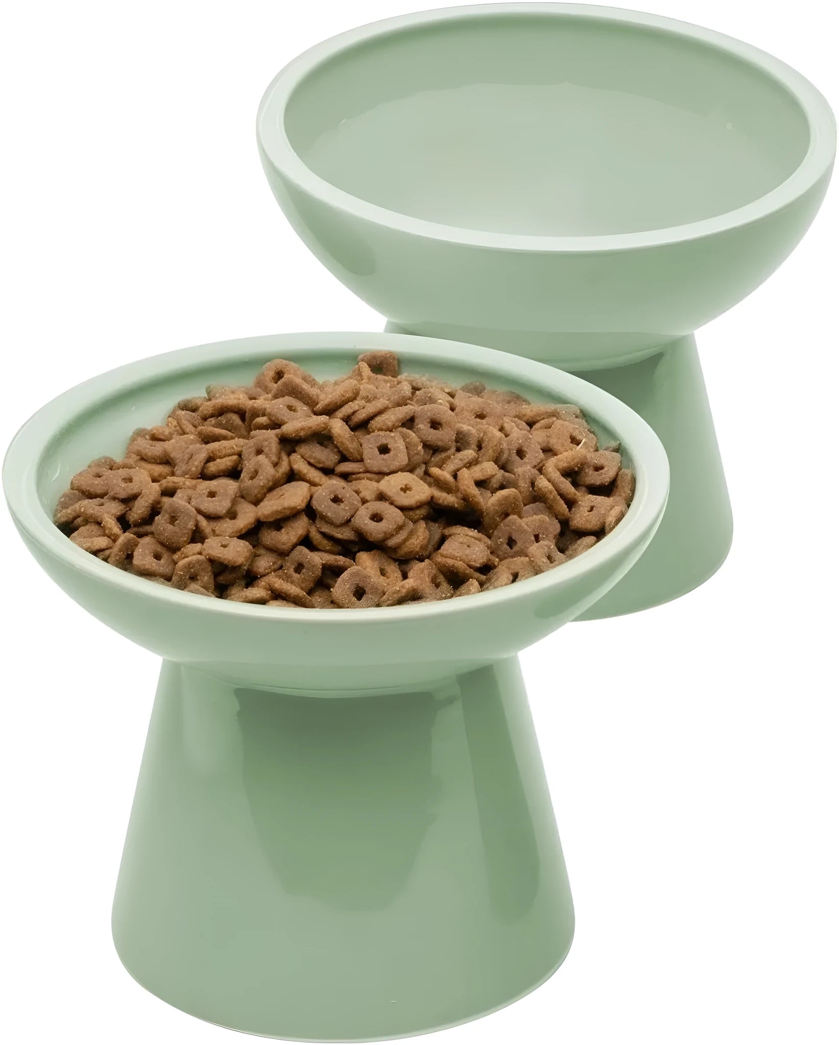 Ceramic elevated cat food and water bowls in blue, green, pink, and white colours