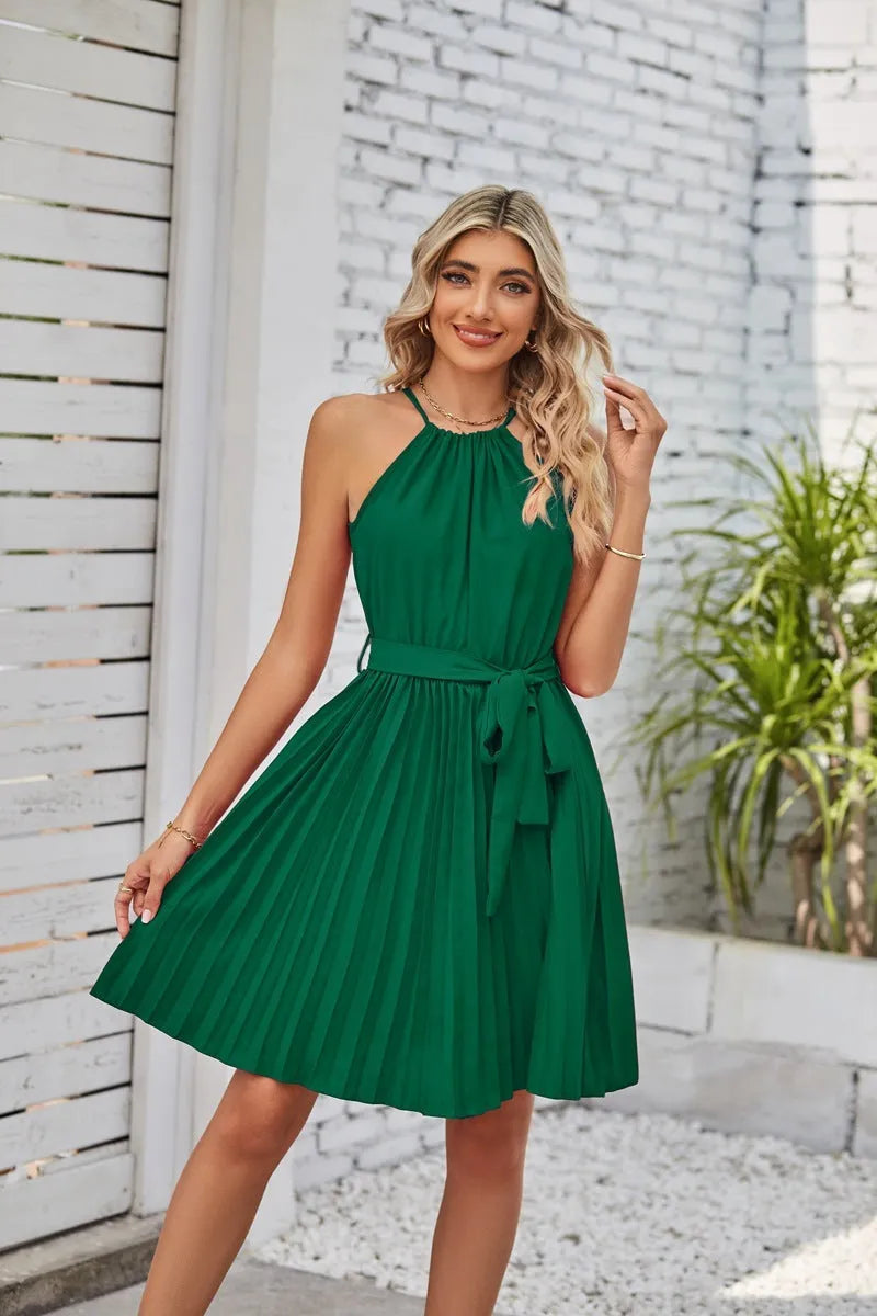 Women's halter strapless chiffon dress with pleated skirt and adjustable waist tie in multiple colour options