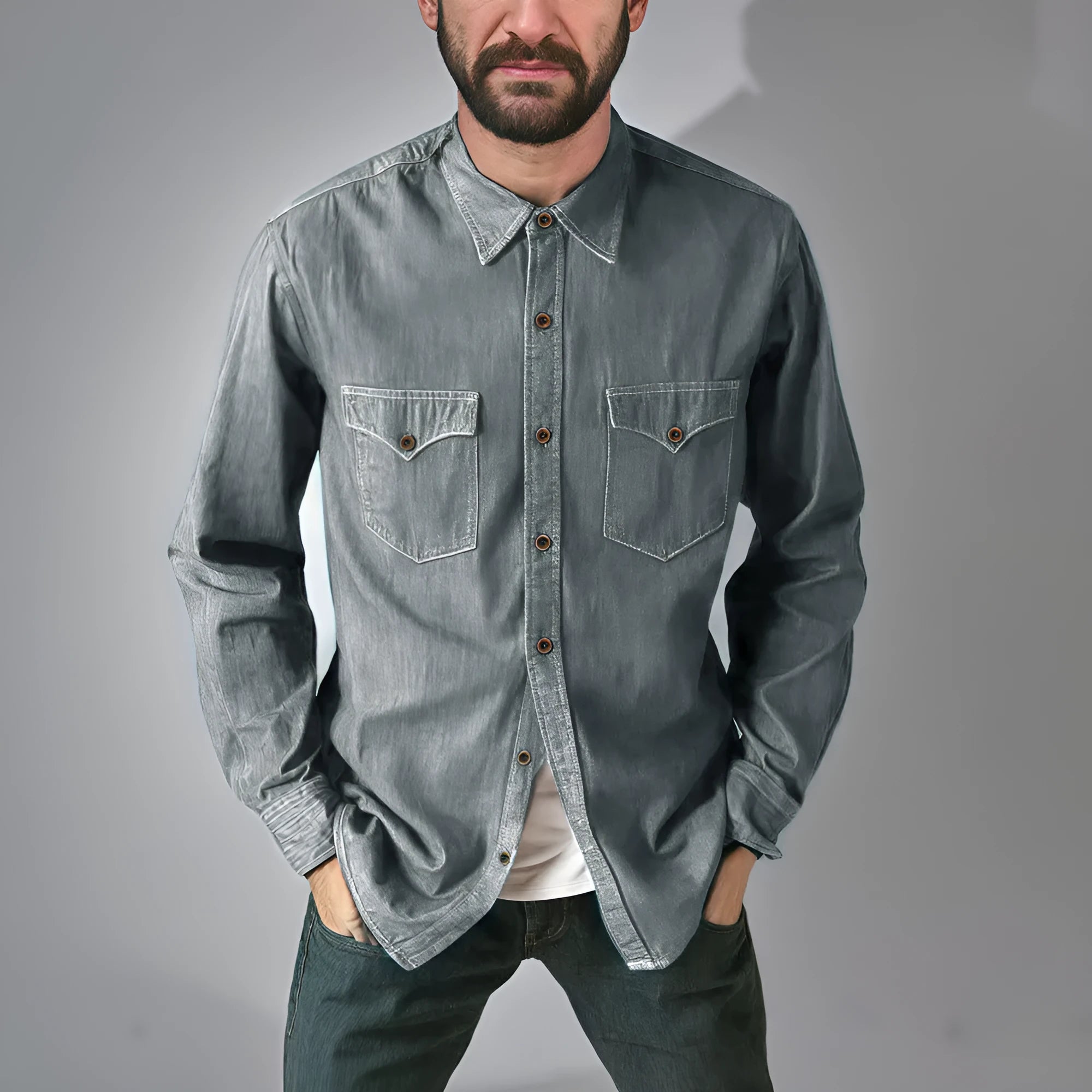 Regular fit denim cardigan coat in khaki on a hanger.