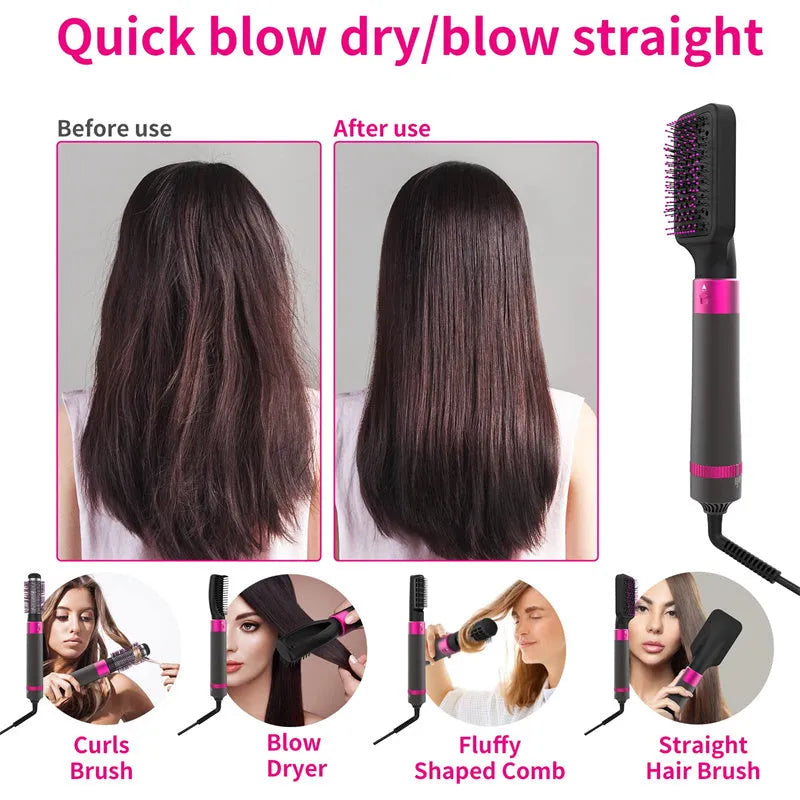 Dyson grey 5-in-1 hair dryer brush styler with five brush attachments on a white background.