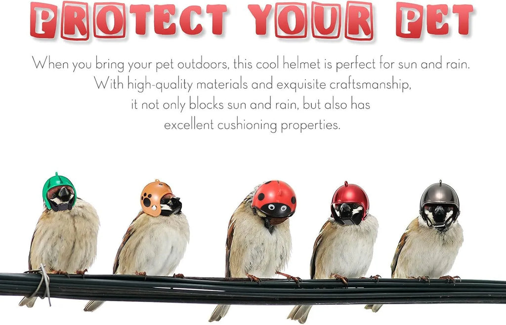 Small colourful plastic helmet with elastic straps, designed for a chicken or small bird to wear.