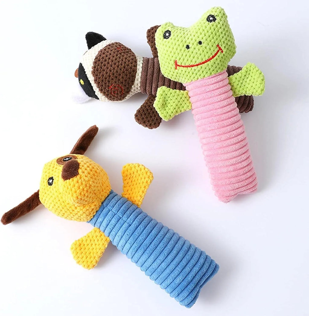 Squeaky stuffed animal dog chew toy for dental care, shown in calf, frog, or puppy design.