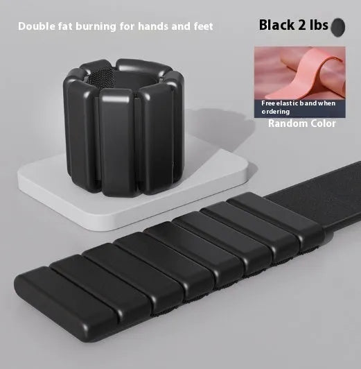 Silicone fitness weight bracelet with Velcro strap shown in black, blue, grey, or pink.
